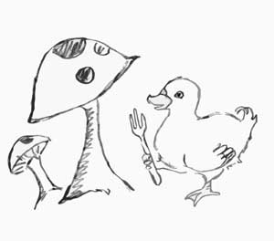 Grey Duck Garlic, Grey duck with fork and toadstool